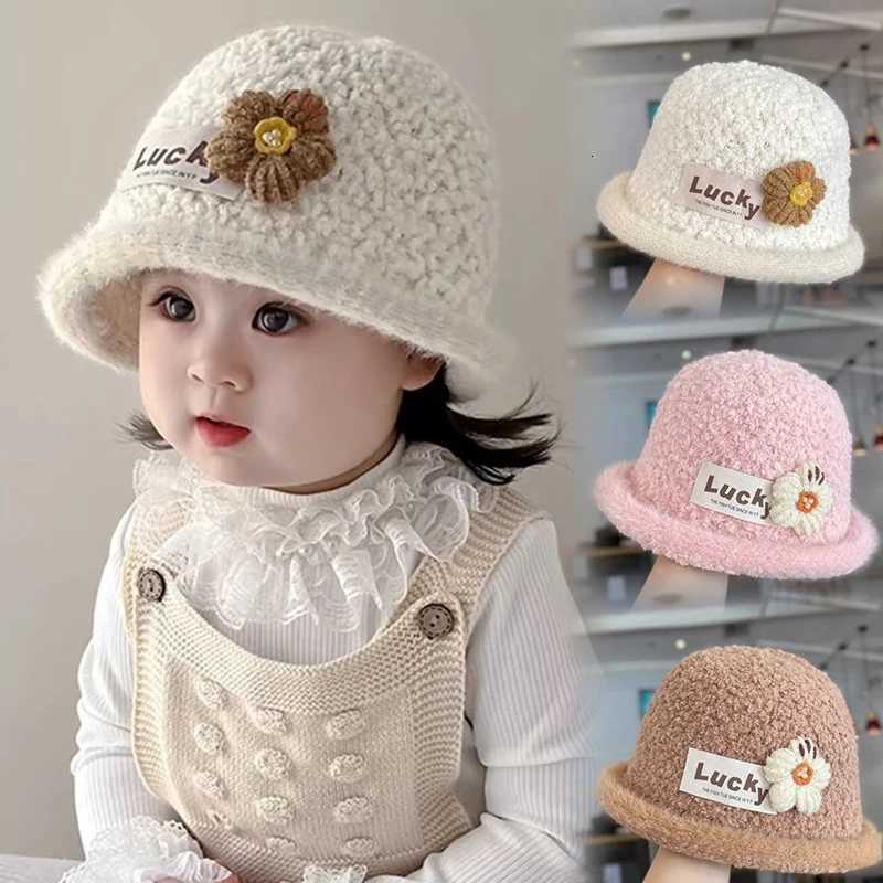 Winter Warm Baby Knitted Bucket Hat Sweet Crochet Flower Girls Curled Fisherman Hats 28Year Children Thicken Woolen Basin Cap251028