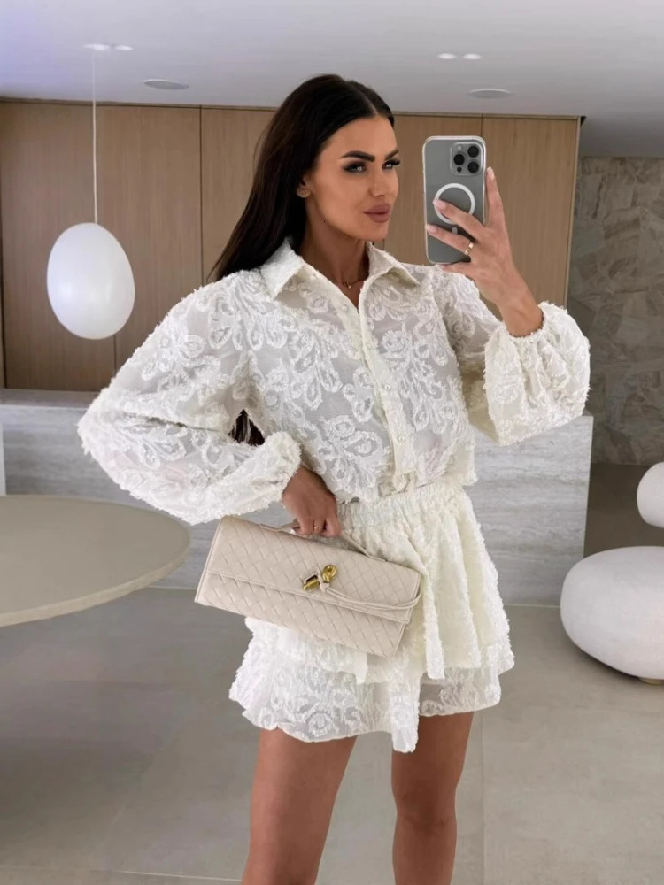 Summer Fashion Womens Elegant Hollow Two Piece Casual Long Sleeved Top Mini Shorts Temperament Street Set 251029