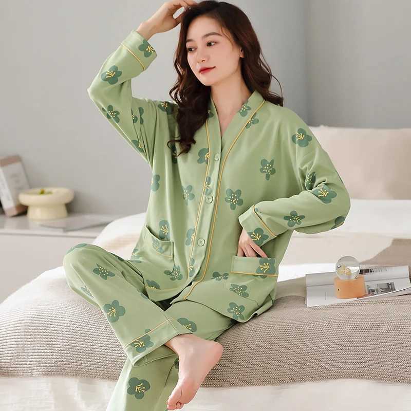 Autumn Women VNeck Pajamas Sets Fashion Print Cotton Female Pyjamas Two Pieces Shirts Pants Nighties Big Yards 5XL SleepwearT251029