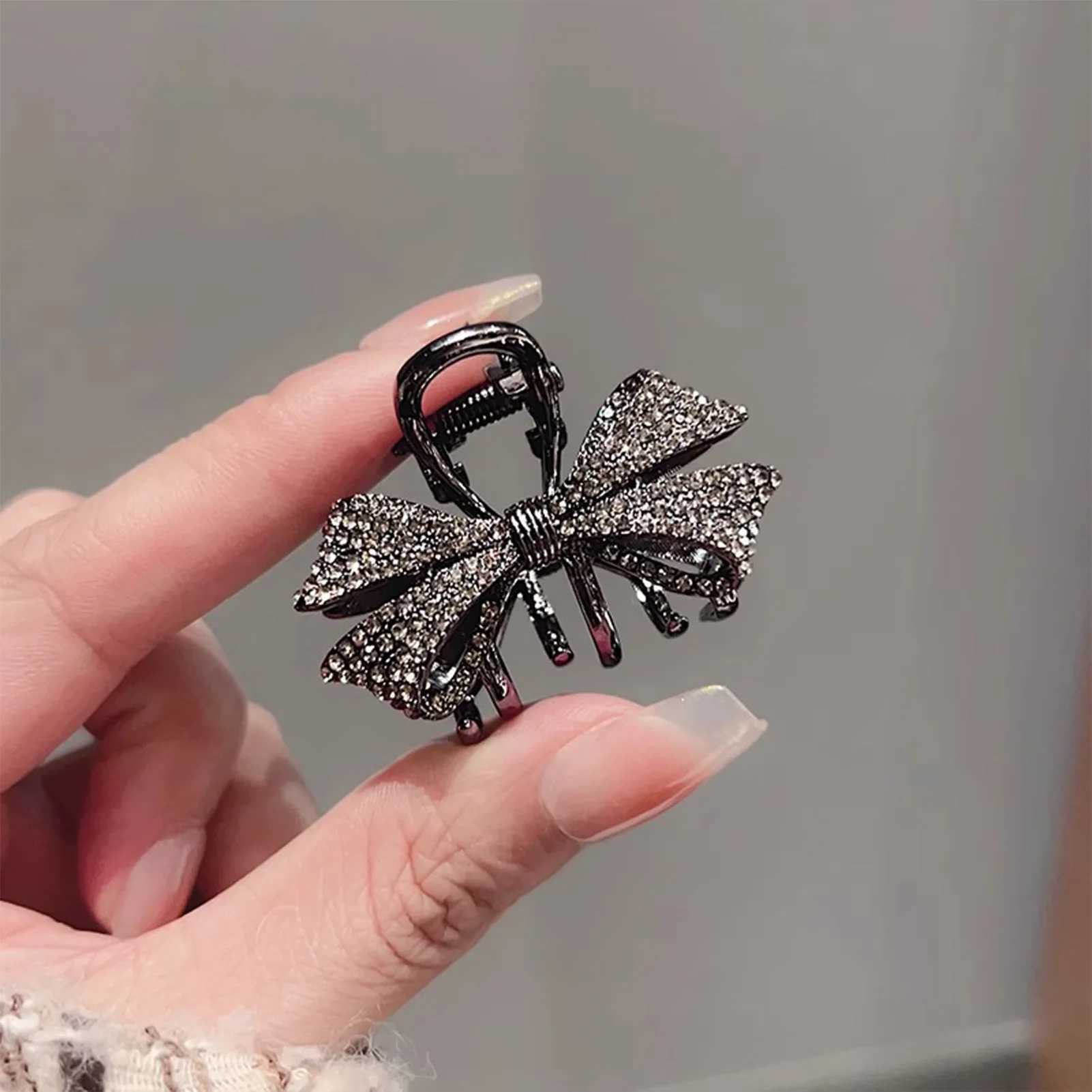 Black Bowknot Hair Claw Clip Sparkly Rhinestone Mini Simple Hairpin for Women Girls Elegant Snap Clip for Bangs Hair HolderW251028