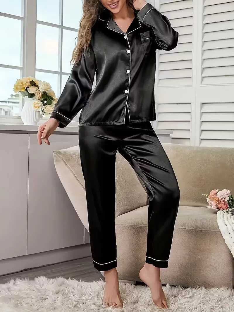 Autumn Winter Silk Pajamas Set for Women Casual Soft Breathable and Relaxed Fit Long Shirt Tops and Long Pants SleepwearT251029