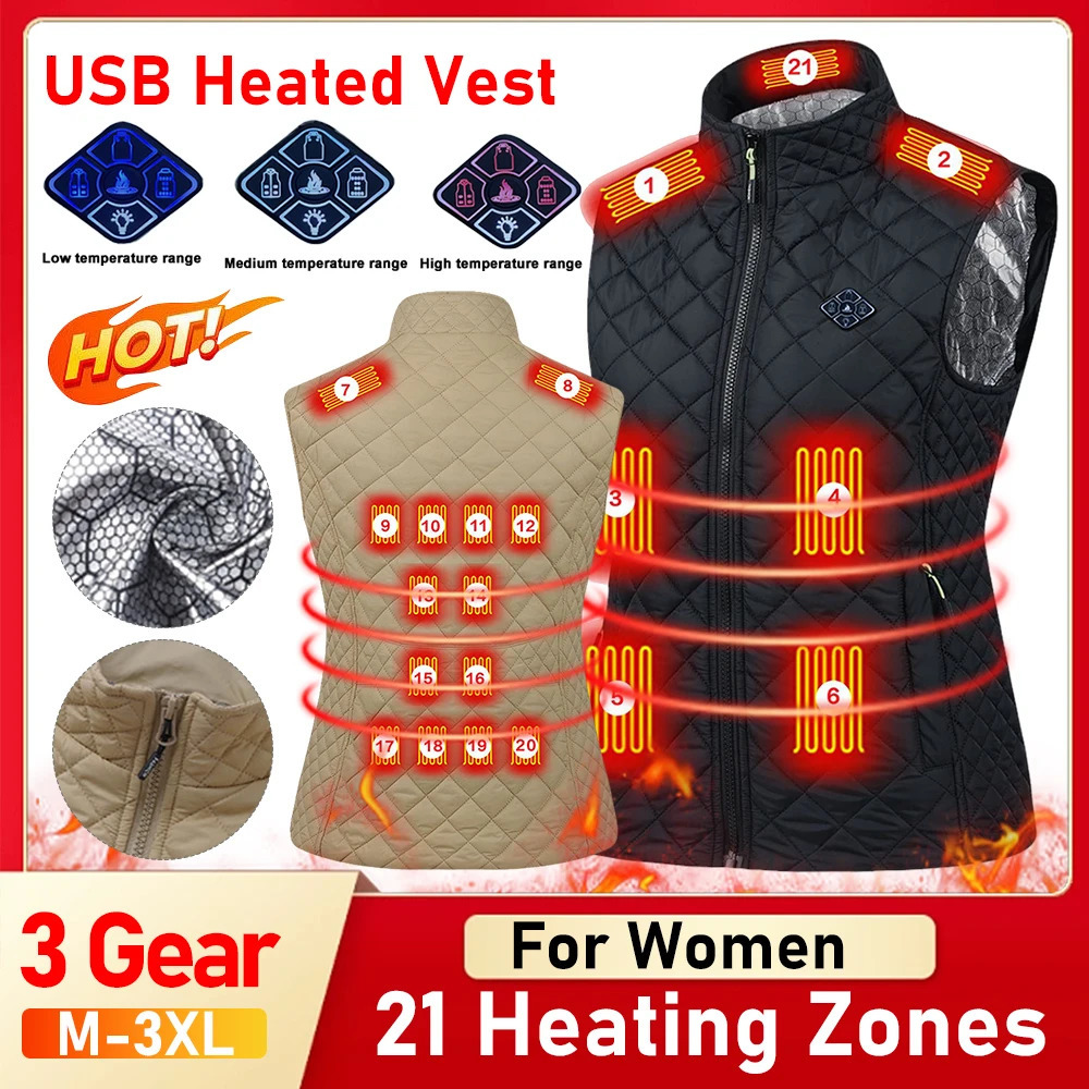 Women 21 Heating Zones Vest Autumn and Winter Electric Heated Jackets USB Heating Vest Outdoor Thermal Winter Warm Jacket M3XL 251029