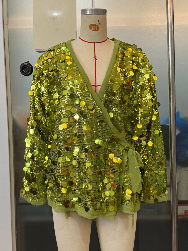 Coat Women Sequins Coats Lace Up Tight Waist Jackets Y2k Streetwear Work Elegant Splice Jacket Slim Fit Autumn Winter 251029