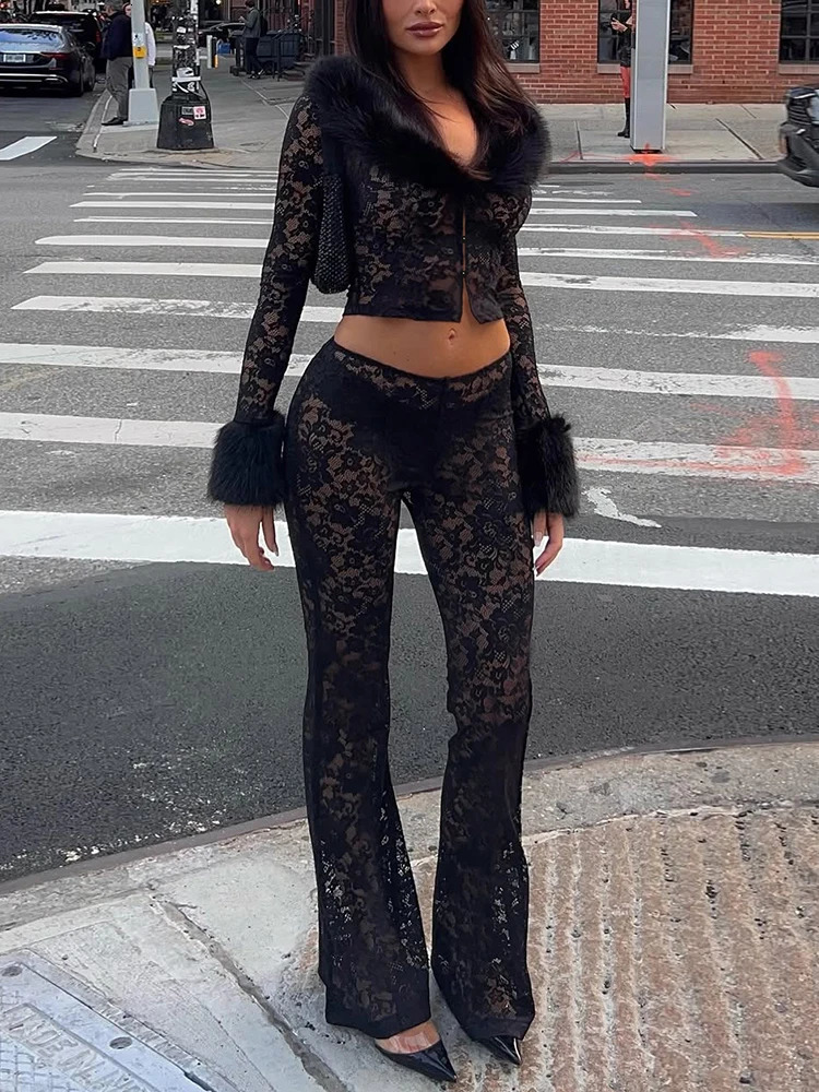 Cute Sexy Patchwork Women 2 Piece Set Jacquard Fur SingleButton JacketFlare Pants Matching Midnight Party Clubwear Suits 251029