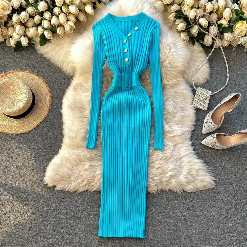 YuooMuoo Chic Fashion Sexy Package Hips Rib Knitted Bodycon Dress Autumn Winter Elegant Peal Vneck Sweater Dress with Belt 251029