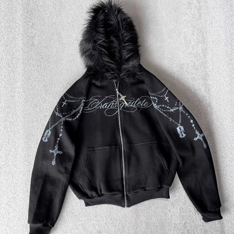 2025 Autumn/Winter Hooded Sweatshirt with Loose Letter Print, Zipper, Adjustable Fur Collar, Street Style Dark Look for Men and Women Z251029