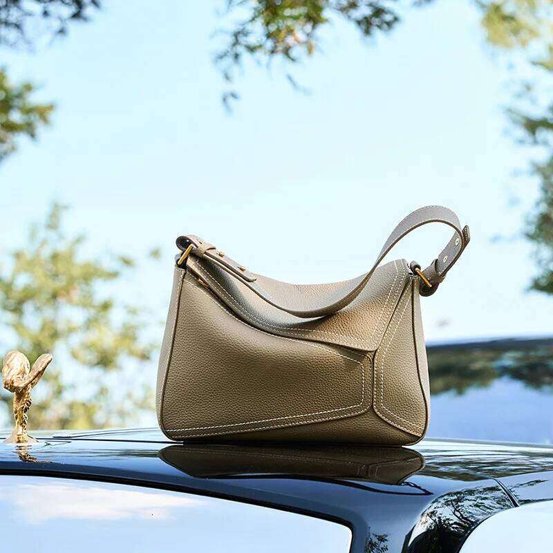 Fashion Genuine Leather Shoulder Women Casual Tote Underarm Commuter Bag Gray Handbag