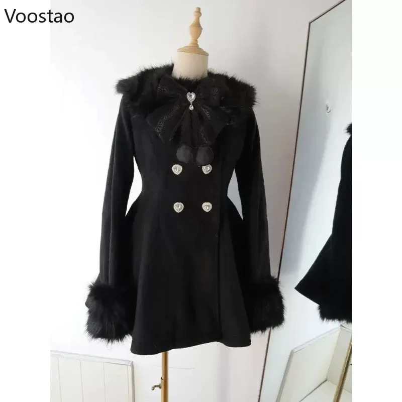 Autumn Winter Japanese Kawaii Lolita Woolen Coat Women Sweet Bow Plush Slim Jacket Female Korean Style Warm Dress Cute Overcoat 251028