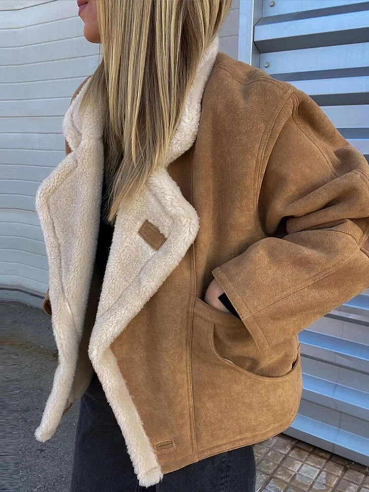 Vintage Faux Leather Warm Coat Thick Fluffy Splicing Big Lapel Coats Female Long Sleeve Outerwear Winter Lady Street Jackets 251029