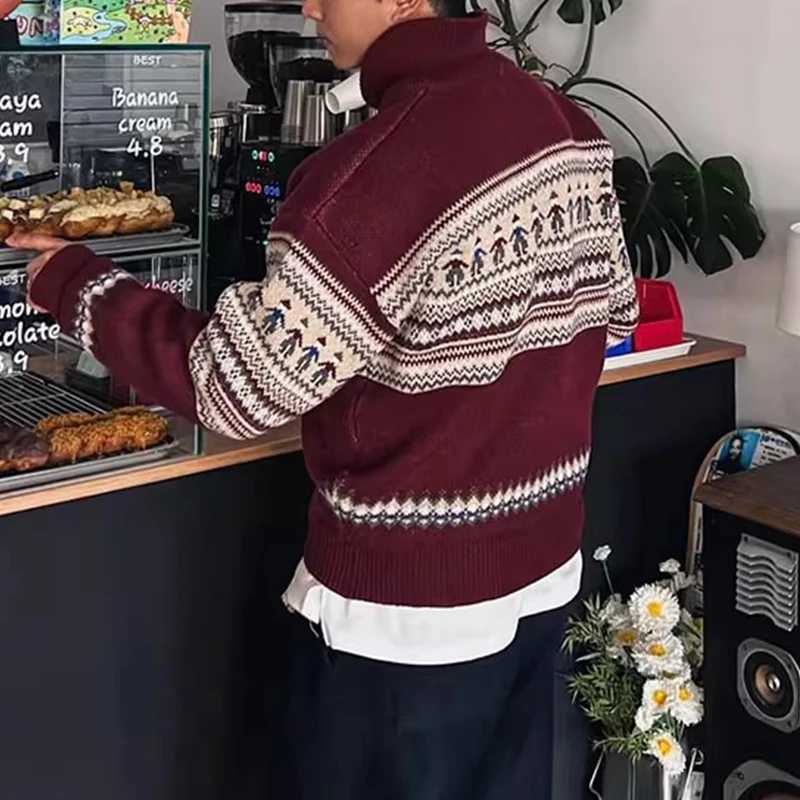 2025 Fall Winter New Casual Mens Knit Jumpers Vintage Pattern Print Knitting Sweater Tops Men Fashionable Lapel Zipper Sweater J2510291