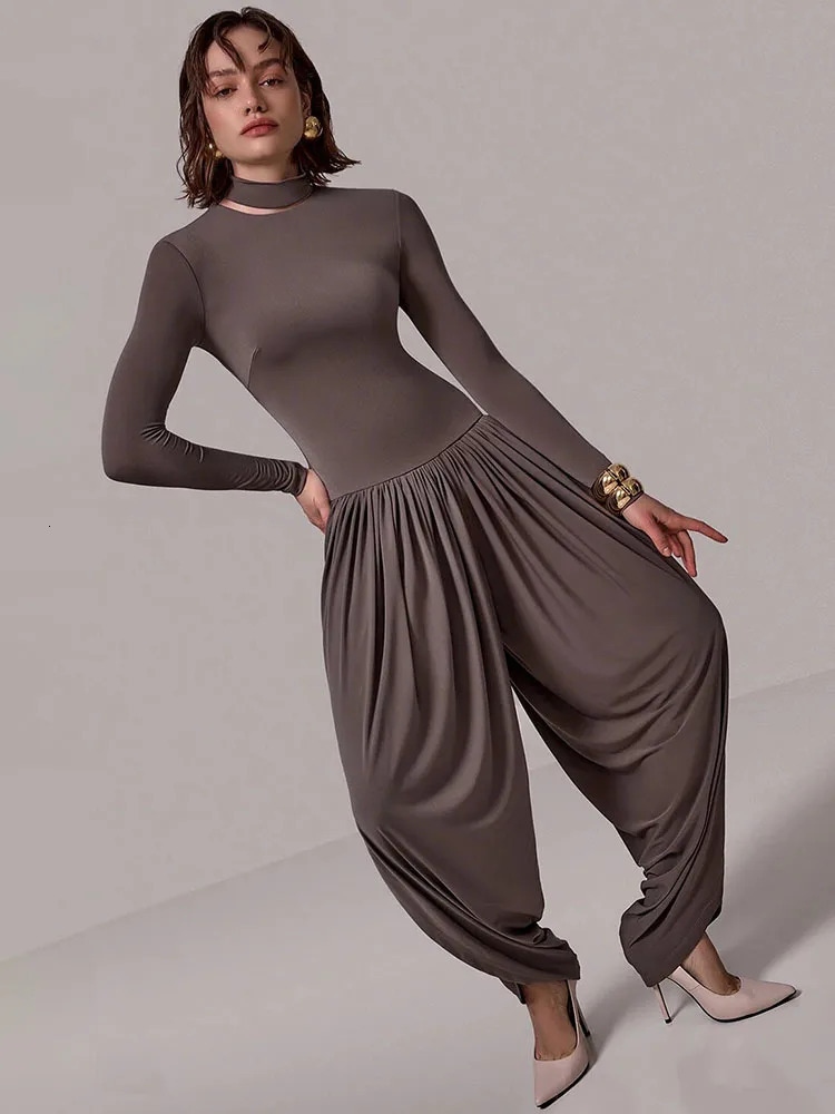 Mozision Long Sleeve Draped Sexy Jumpsuit Women Overalls Autumn Winter Patchwork Solid Turtleneck High Waist Slim Jumpsuis 251027