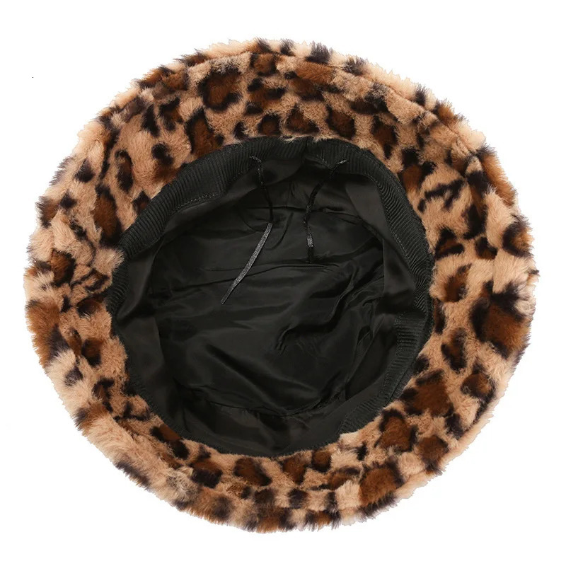 WomenS Leopard Print Plush Bucket Hat Adjustable Lightweight Winter with Fluffy Faux Fur Trim Casual Stylish 251013
