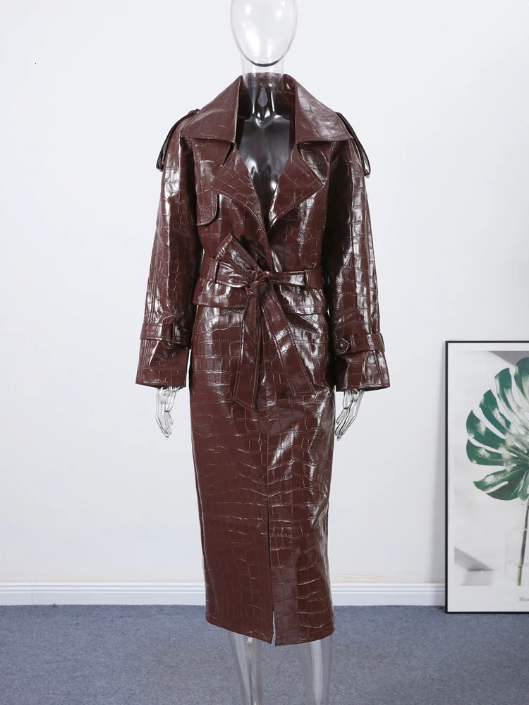 Street Grain Pu Coat Skirt Women Set Lapel Belt Long Sleeve Jacket Split Zippers Skirts 2025 Autumn Urban Lady Outfit 251028