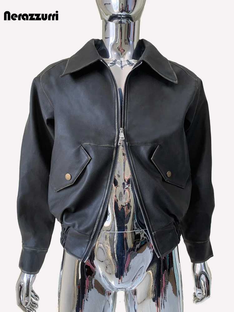Nerazzurri Spring Autumn Short Washed Distressed Black Faux Leather Jacket Men Turndown Collar Luxury Designer Emo Clothes 2024T251029