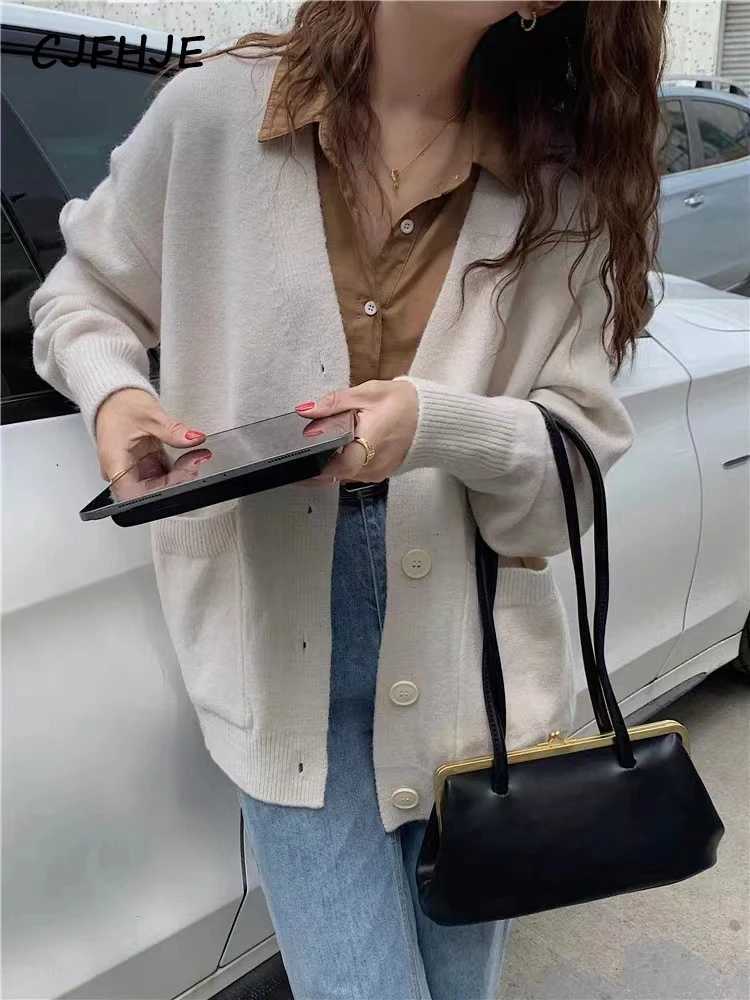 CJFHJE Beige Pockets Knitted Sweater Coats Women Loose Singlebreasted Vneck Purple Cardigan Female Autumn Casual Red CardigansT251028