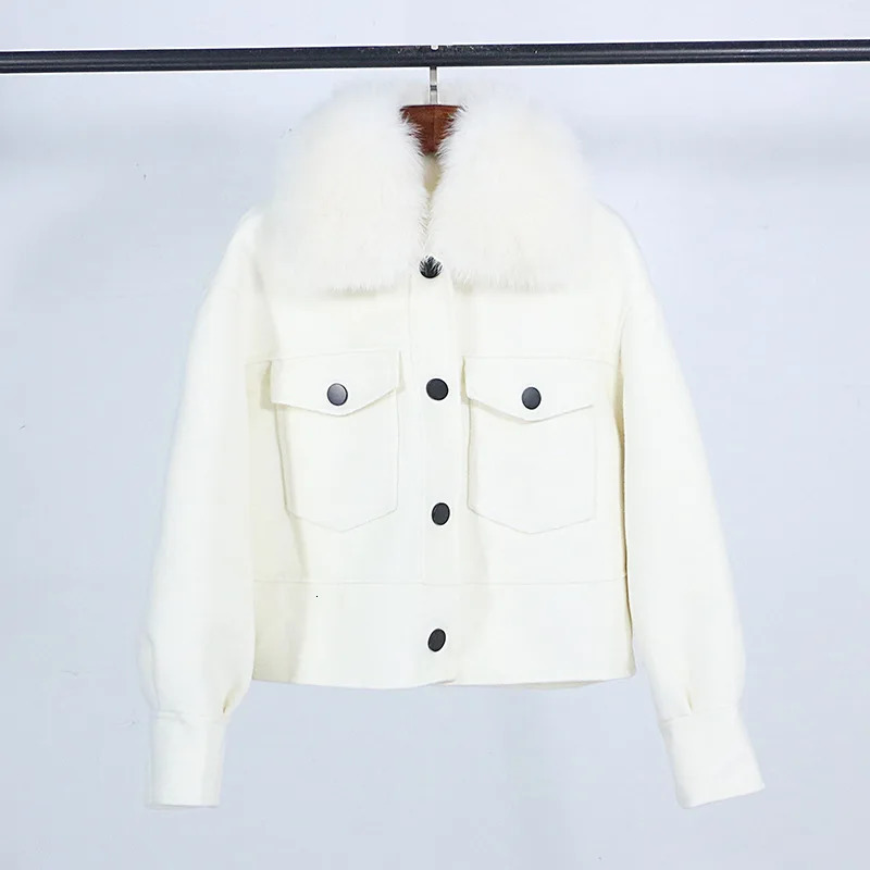 GENHUA 2025 Autumn Winter Fox Fur Collar 10 Cashmere 90 Wool Doublesided Wool Coat Womens Short Casual Loose Wool Coat 251029
