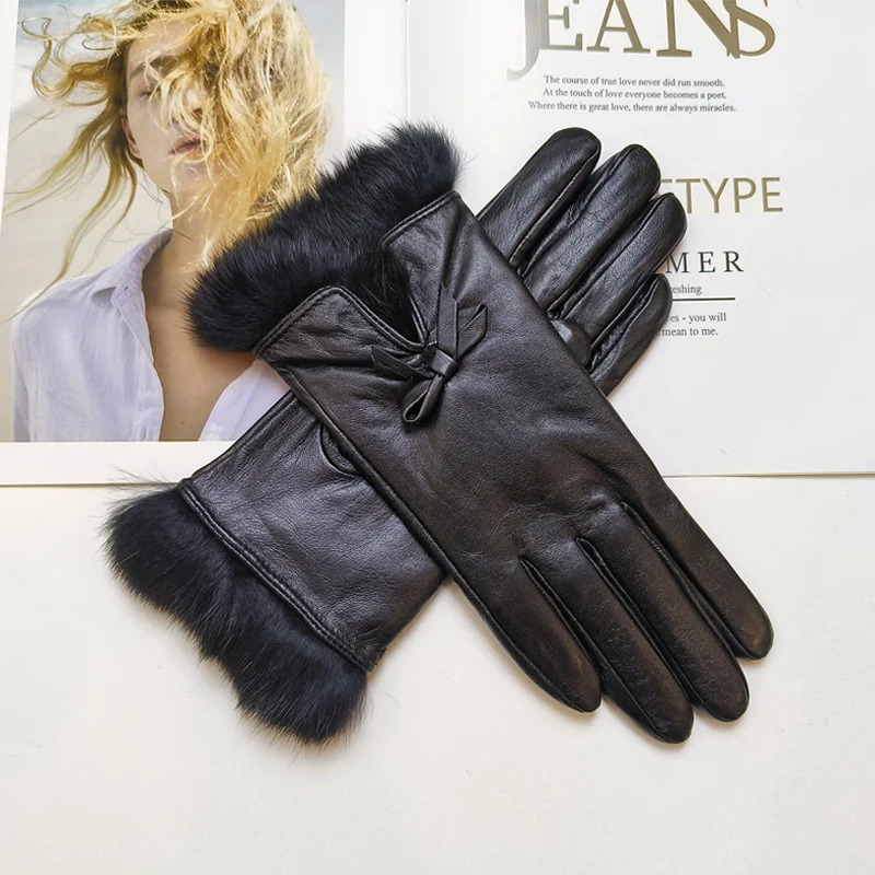 Womens sheepskin bow gloves with warm velvet lining and genuine leather driving 251013