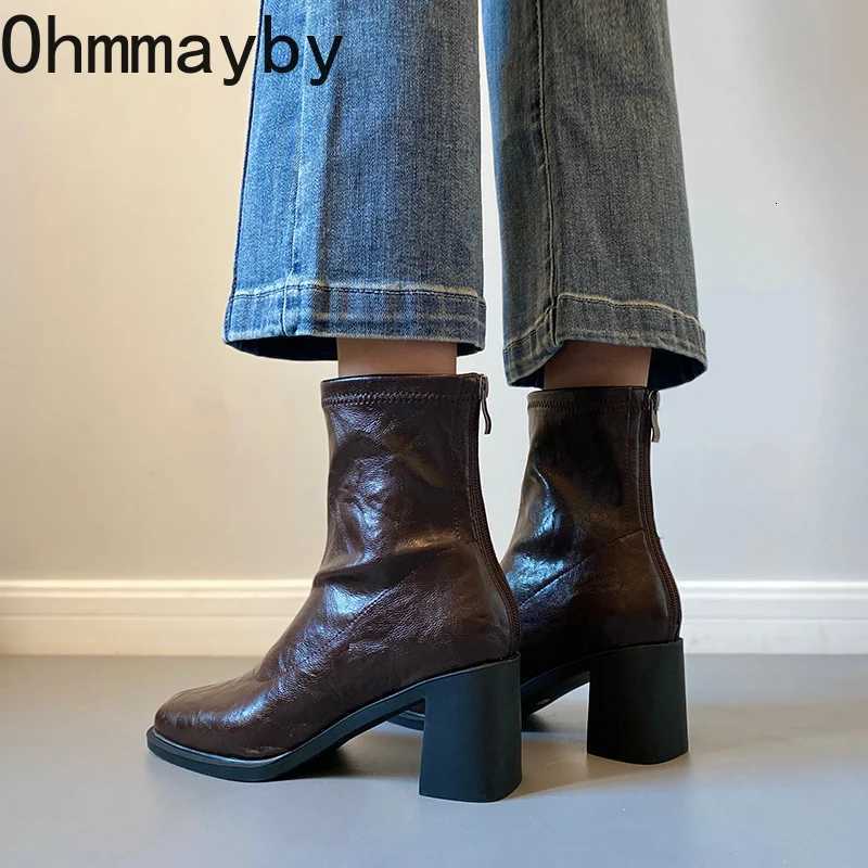 Autumn Vintage Elastic Slim Women Ankle Boots Fashion Soft Leather Shoes Ladies Elegant Thick Heel Mordern Short Booties Z251029