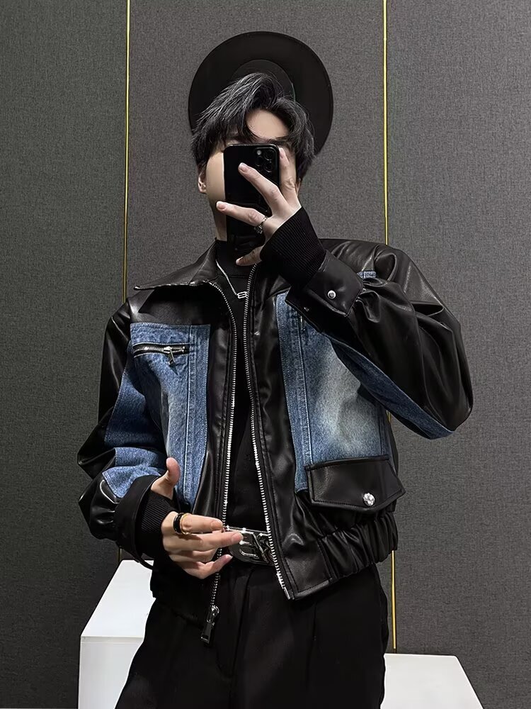 Patchwork Leather Denim Jacket For Men Autumn And Winter Niche Designer Jacket Patchwork Design Korean Style Short Jacket Casual Versatile Top