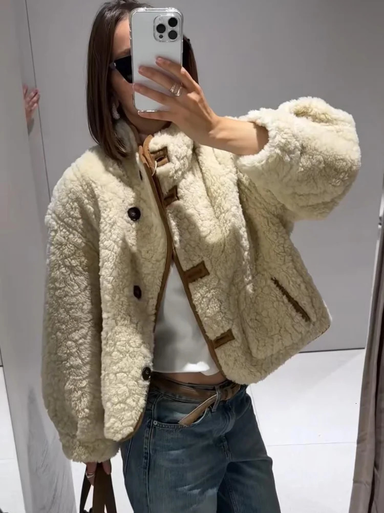 Winter Suede Faux Fur Reversible Jacket For Women Y2k Lapel Single Breasted Pockets Coats Lady Chic Warm Casual Outerwear 251028