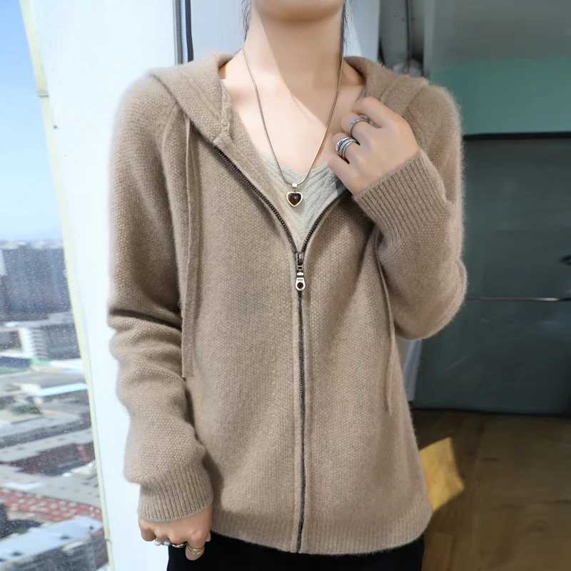 Women 100 Merino Wool Sweater Zip Hooded Collar Pullover Autumn Winter Cashmere Knitwear Elegant Clothing Thick Bottoming TopsT251028