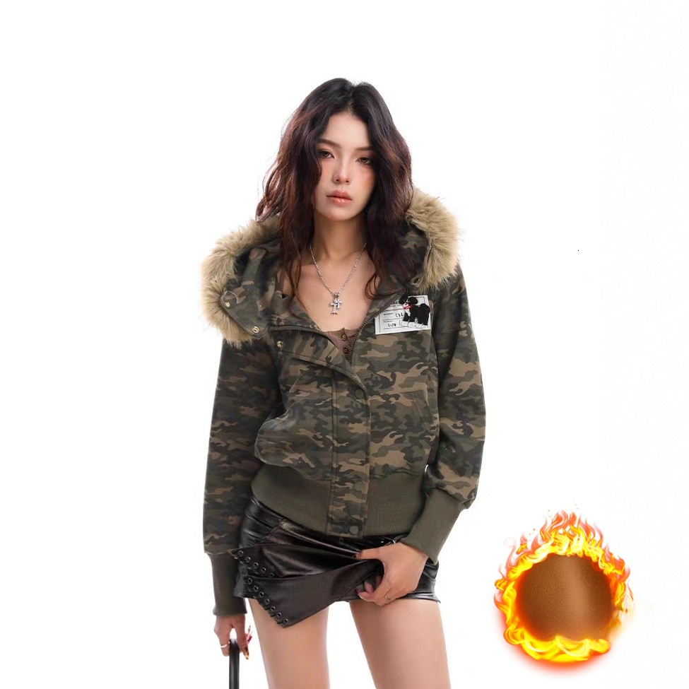 Designer American Camouflage Detachable Wool Collar Hooded Wool Cardigan New Women's Winter Hot Girl Short Sports Jacket