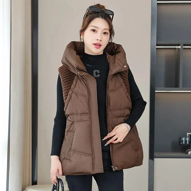 Down Cotton Vest Women Autumn Winter Knitted Stitching Hooded Sleeveless Casual Cottonpadded Jacket Waistcoat Ladies Tops 251027