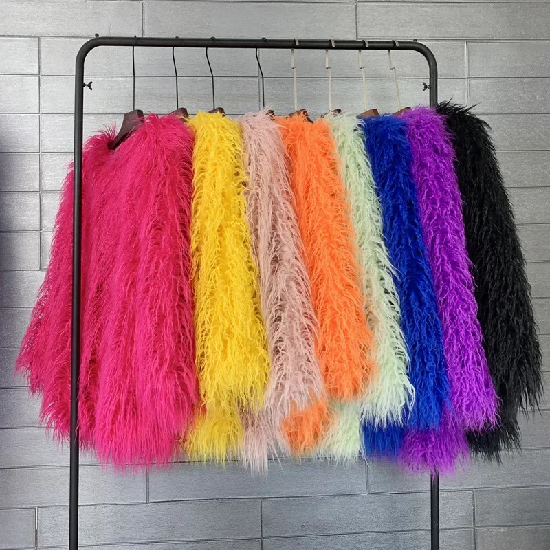 Mongolia Sheep Fur Women Medium Long Coat Jacket Colorful Warm Faux Fur Plush Coats Female Jacket Autumn Winter Furry Outerwear 251029