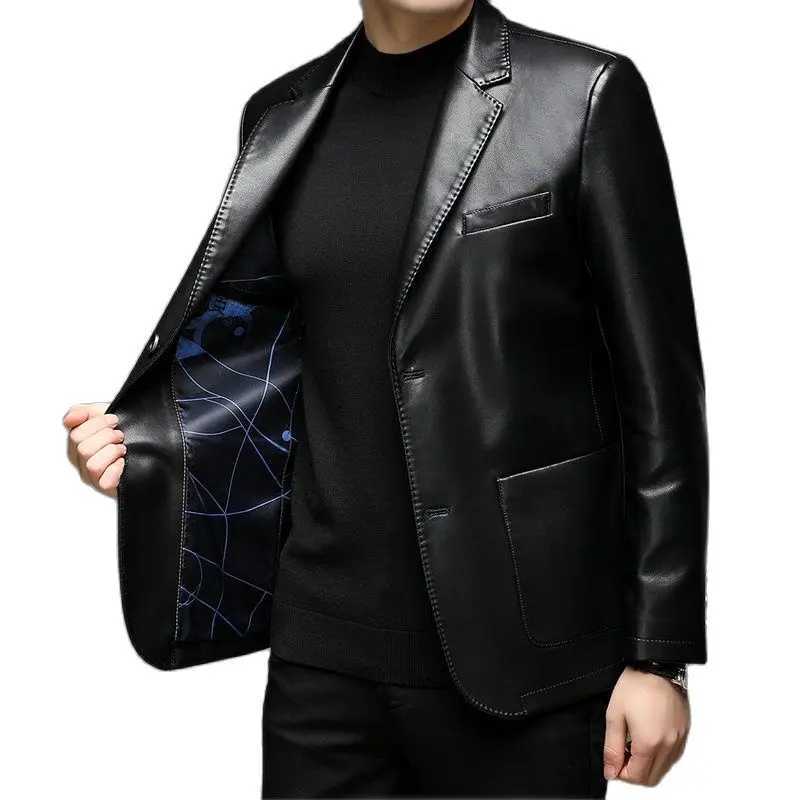 2025 New Spring Autumn Fashion Mens Business Slim Fit Faux Leather Suit Blazers Male Formal Soft Wedding Black PU Jackets CoatsT251029