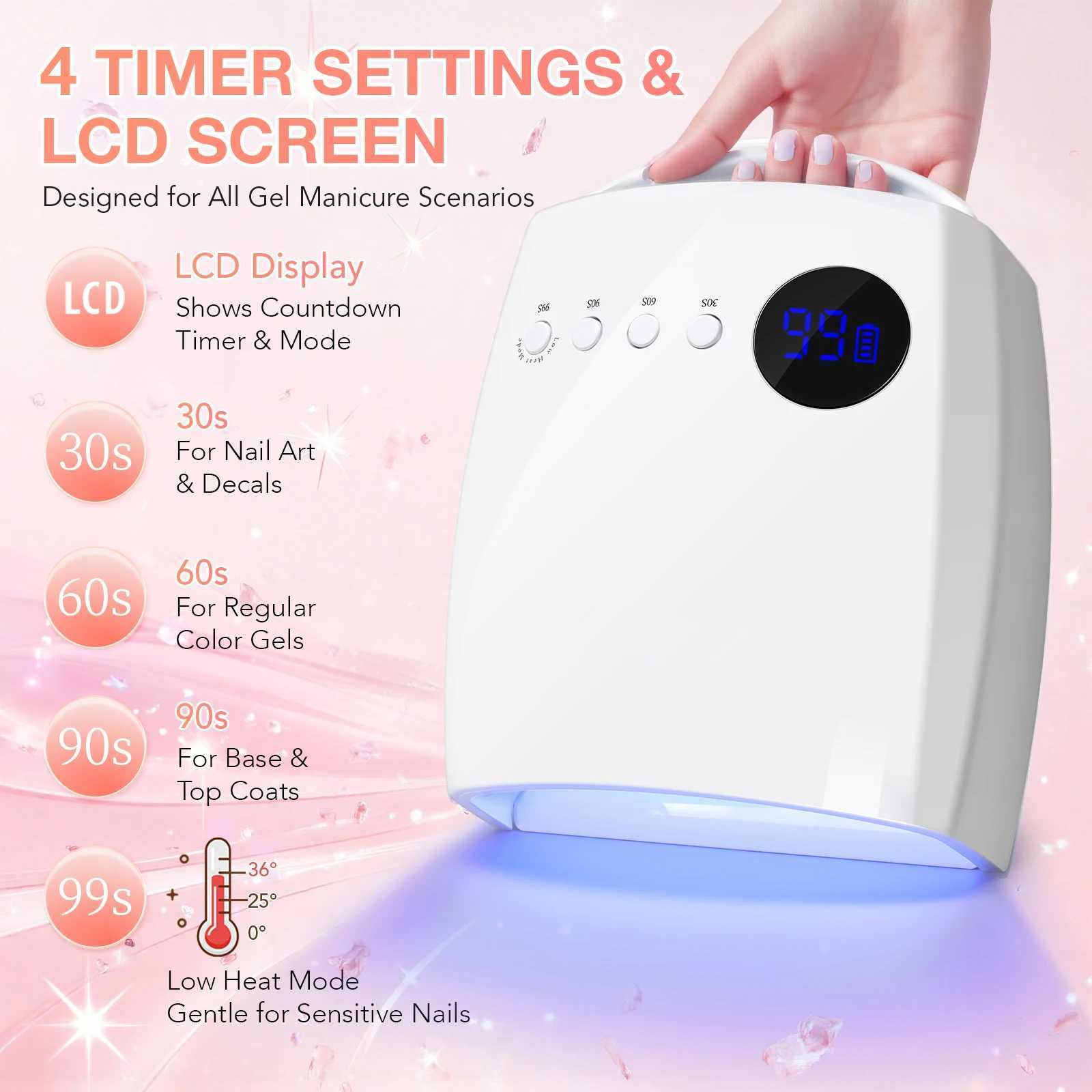 Cordless Rechargeable Nail Lamp with Handle 4 Timers Low Heat Mode Large Space UVLED Gel Dryer 2500mAh J251115