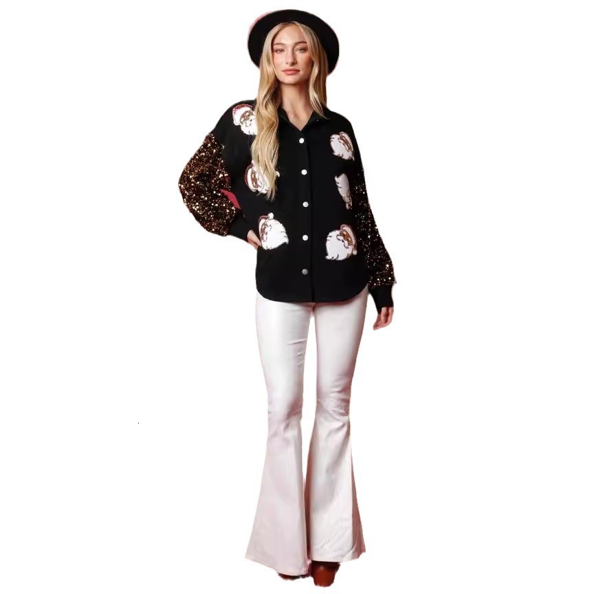 Autumn new European and American women's clothing designer Santa Claus decoration long sleeved button velvet shirt sequined sleeve women's j