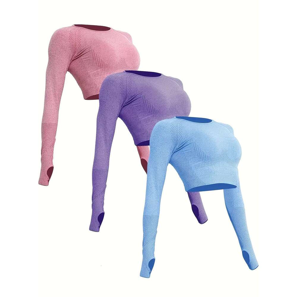 3pcs Women'S Polyamide Long Sleeve Yoga T-Shirts, Ditsy Floral & Polka Dot Sports Crop Tops, Medium Stretch, All-Season Skinny Fit Activewear Tee