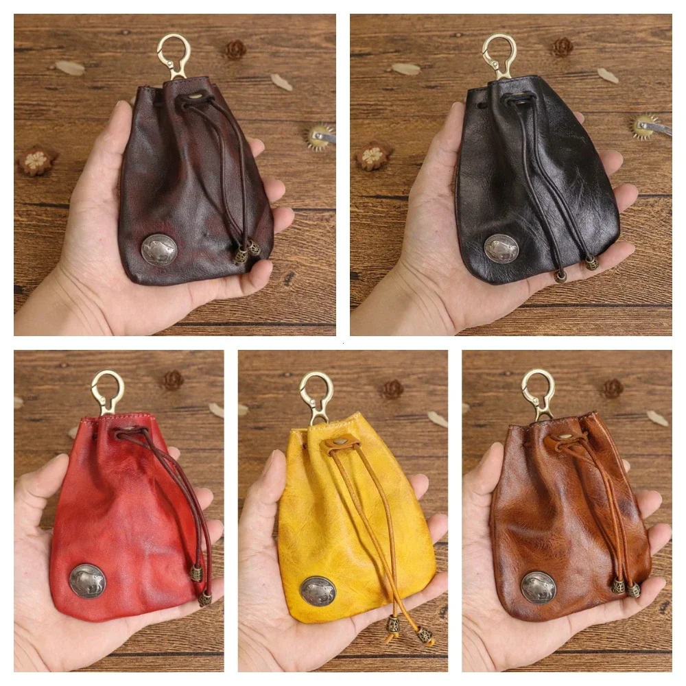 Retro Genuine Leather Bag Coin Purse Drawstring Key Wallets Fashion Women Men Housekeeper Card Key Holders Mini Purse Coin Pouch 251029