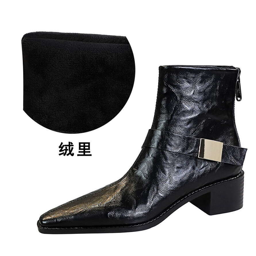 Pointed Toe Stylish Designer Shoe Winter Mid Calf Short Boots Chunky Heel with Metal Buckle Riding