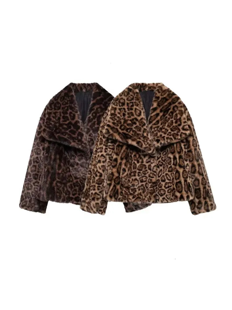 Womens Thick Warm Leopard Faux Fur Jacket Lapel Collar Coat Long Sleeve Female Outerwear Chic Tops Fashion 251029