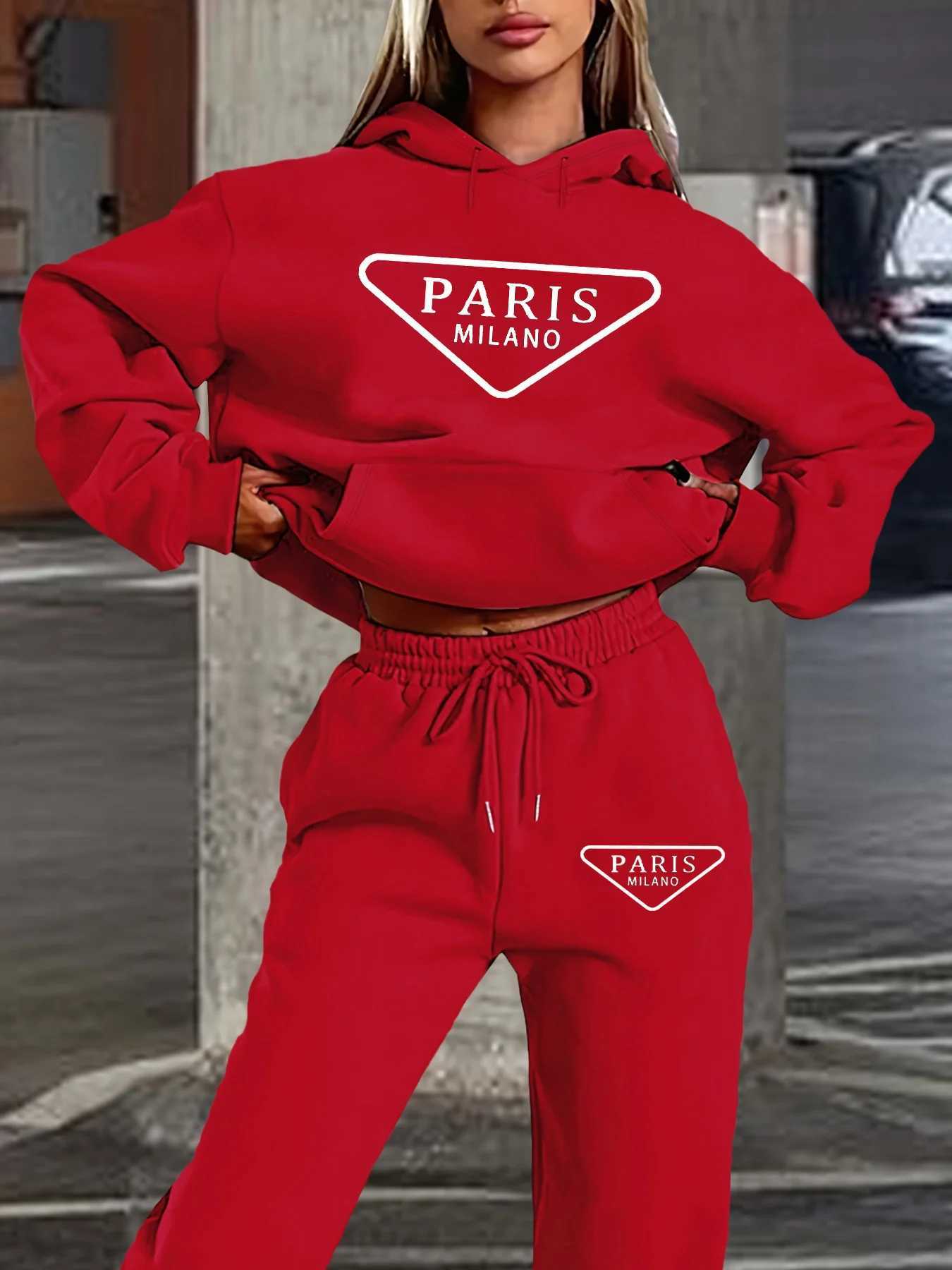 luxeryWomens autumn and winter fashionable casual Paris MILANO printed and plush thick warm hooded sweatshirtsports pants set designer C251029