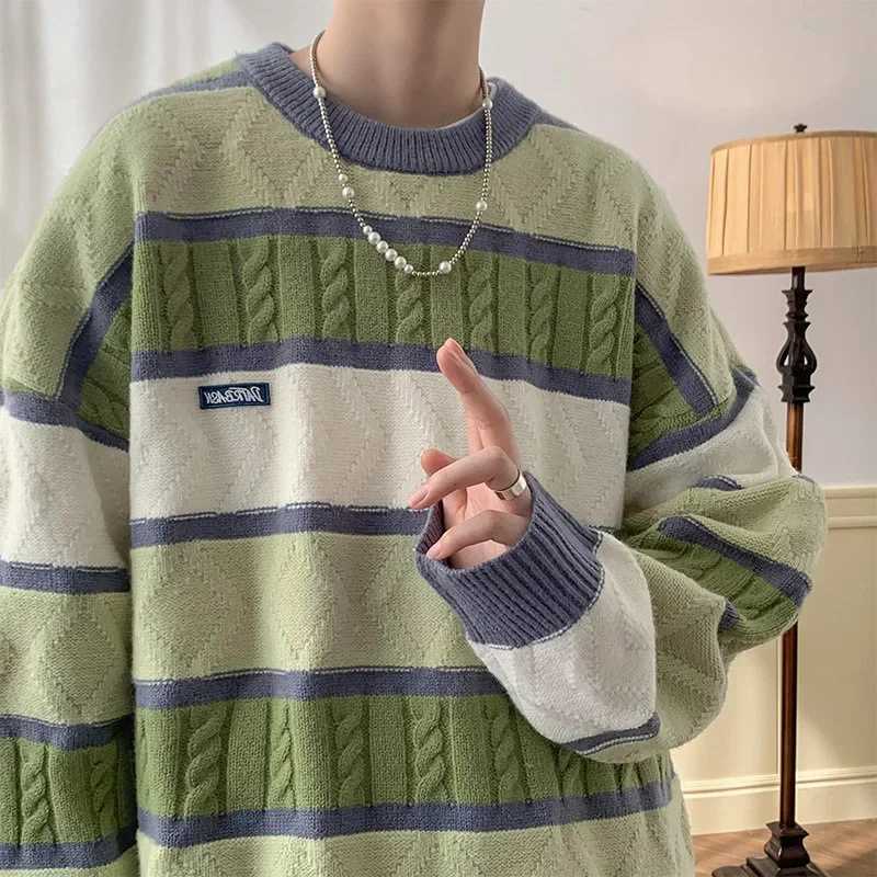 Japanese Style Vintage Color Blocking Cable Knit Striped Round Neck Sweater For Men And Women Winter Warm Preppy Thickened Knit J251029