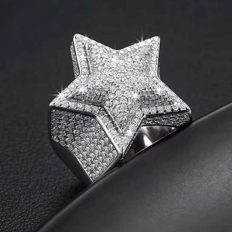 Star Shape Ring Sterling Sier Hip Hop Men Women Engagement VVS Moissanite Pass Dia Tester Rng