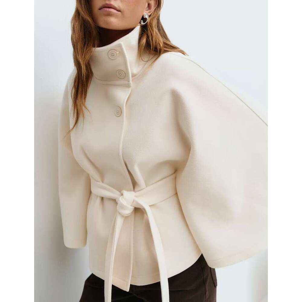 Women's Fashion Autumn Winter New Solid Color Cape Stand Collar Button Belt Trench Coat