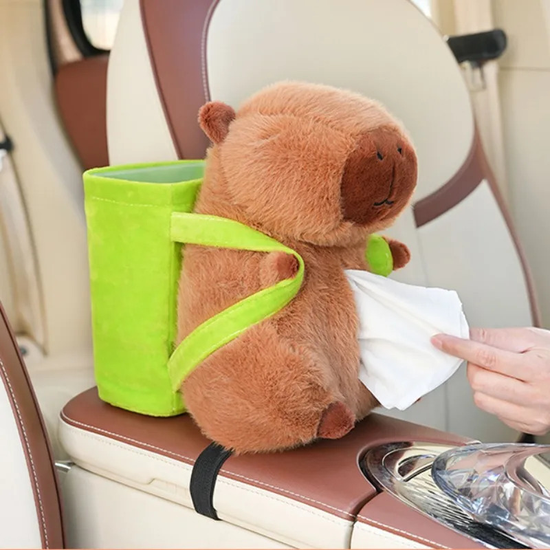 Car Tissue Boxes Capybara Plush Trash Bins Cute Interior Trash Car Storage Bucket Female Umbrella Key Phone Storage Box 251029