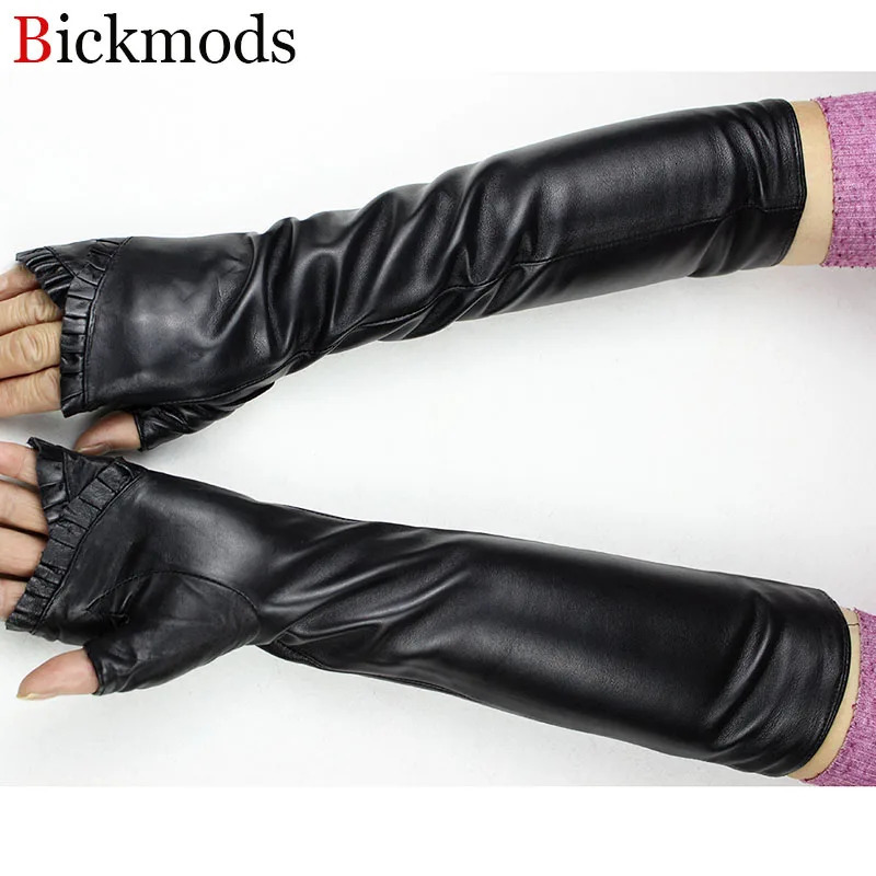 Long Sheepskin Fingerless Leather Gloves Womens Fashion Thick Velvet Lining Autumn and Winter Warm Half Finger Sleeves 251013