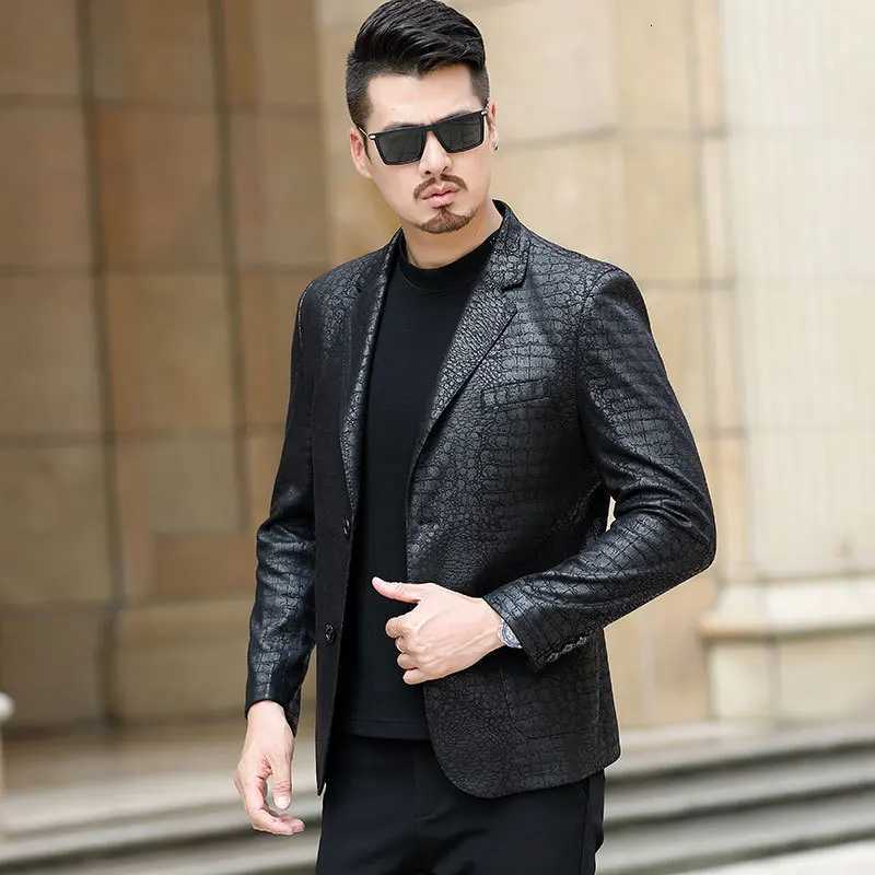 Mens leather jackets leather jackets mens single leather jackets sheepskin crocodile pattern suit jackets slim fitT251029