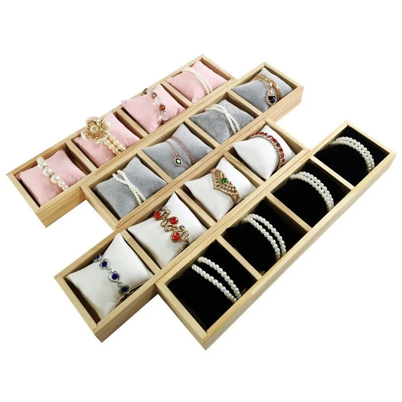 4 Grids Bamboo Wood Velvet Jewelry Organizer Display Tray with Soft PillowNecklaces Bracelet Bangle Watches Storage Holder 251013