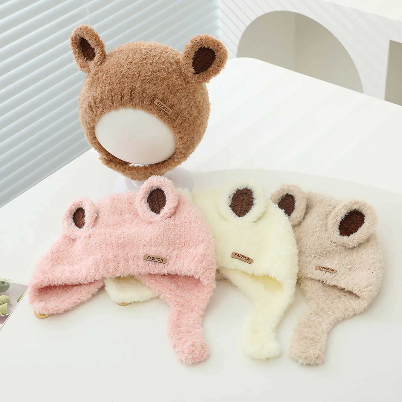 Autumn Winter Baby Plush Knitted Hat With Ears Solid Color Warm Ear Protection Cap Outdoor Windproof Toddler Kids Earflap Beanie251028