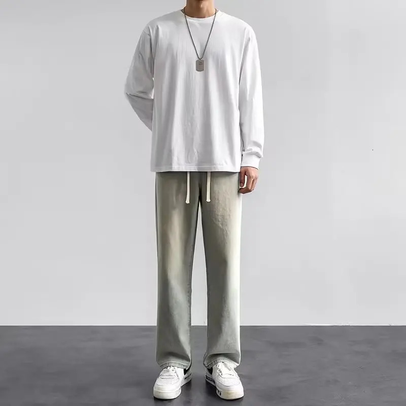 Korean Solid Colors Mens Casual Long Jeans Classic male Four Seasons Straight Denim Wideleg Pants Light Blue Grey Black S3XL 251029