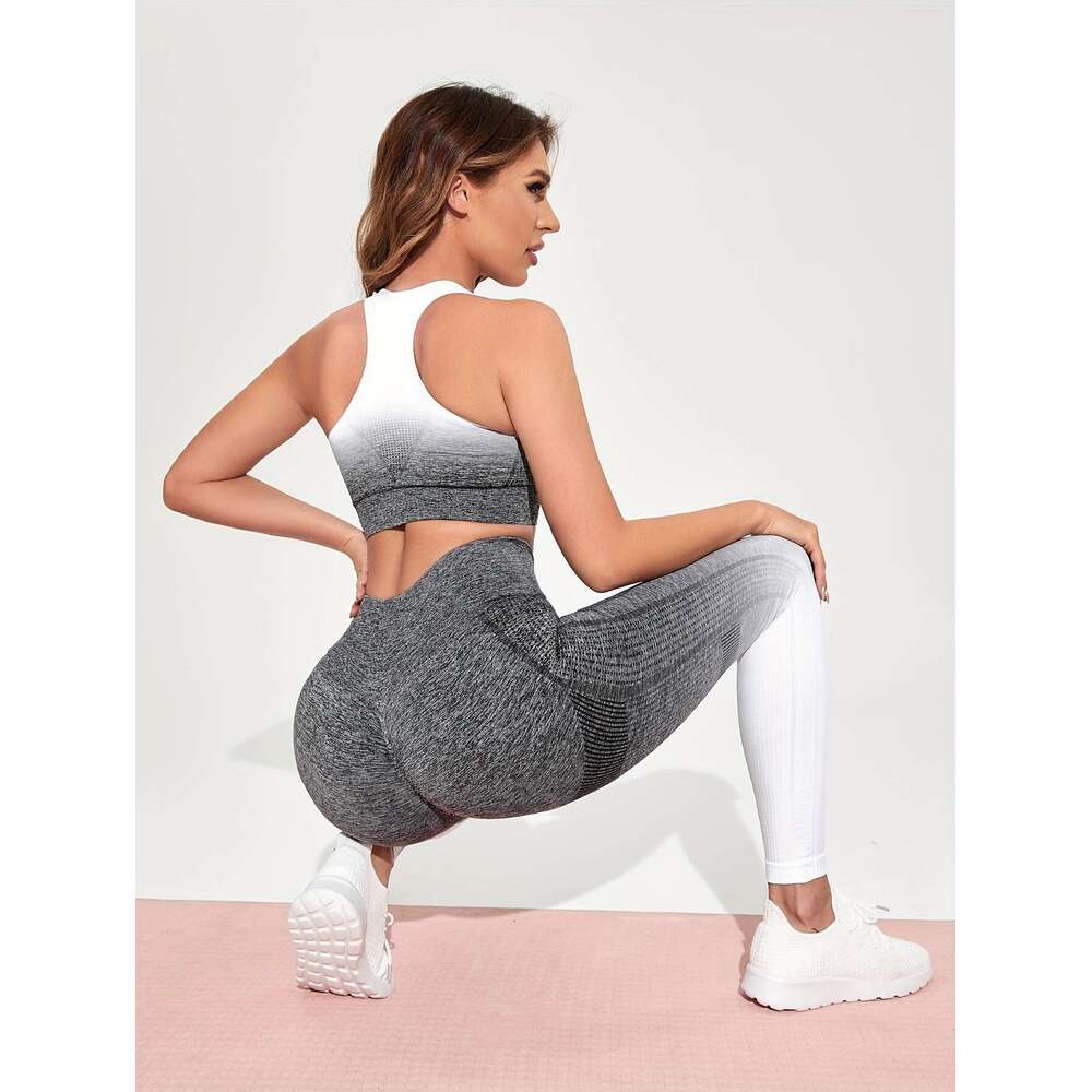 2Pcs Ombre Yoga Set, Racerback Sports Bra & High Stretch Running Workout Leggings Suit, Women's Activewear