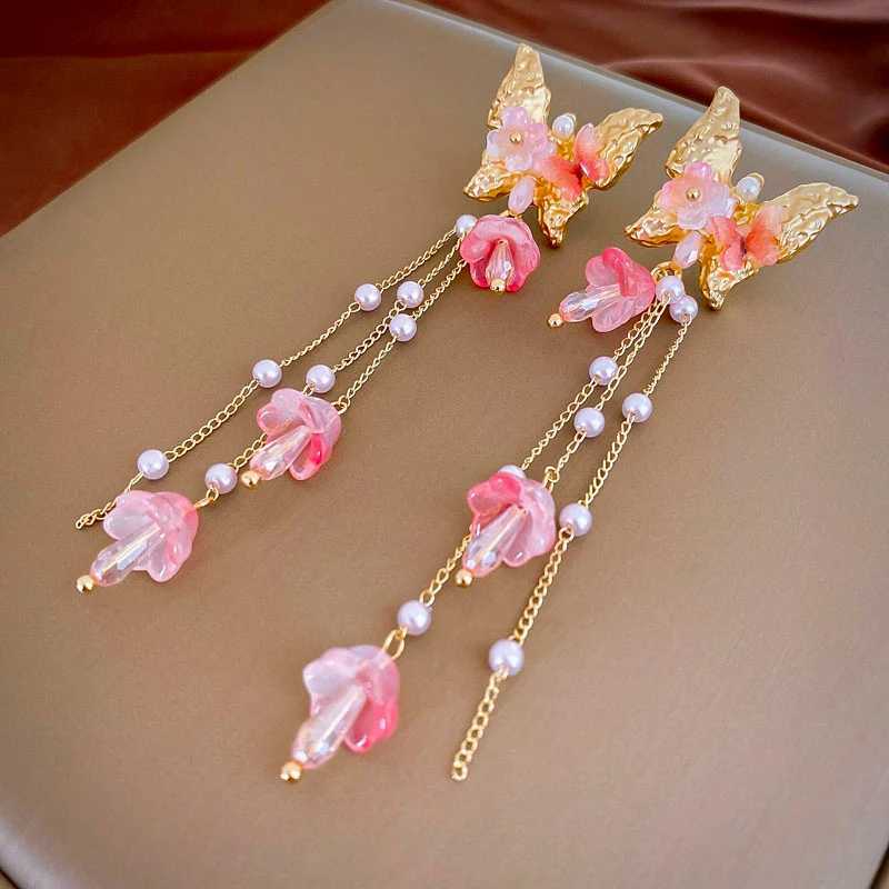 Pink Butterfly Earrings With Long Tassel Sparkly Zircon Crystal Imitation Pearl Beads Earrings Light Luxury Party Ear JewelryW251029