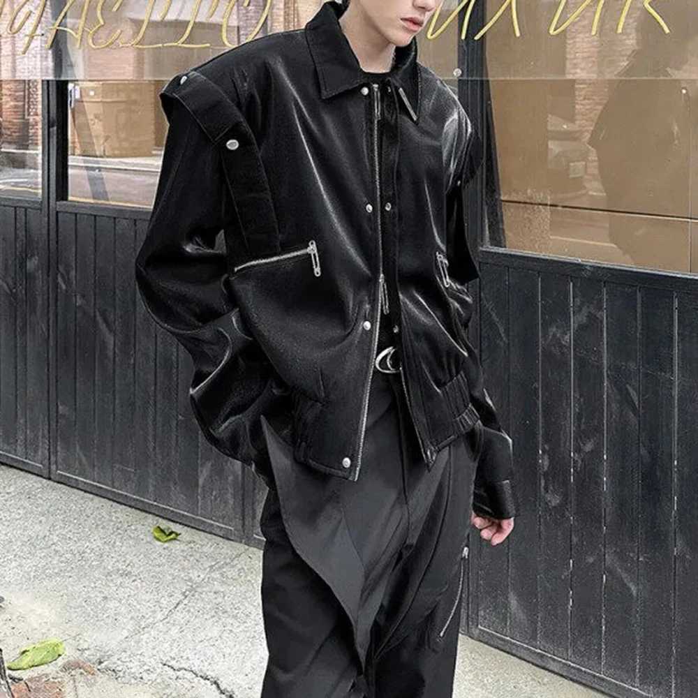 Mens Liquid Metal Shiny Shoulder Pad Biker Casual Jacket Autumn Streetwear Fashion Motorcycle Short Jacket MenS Clothing 2025T251029