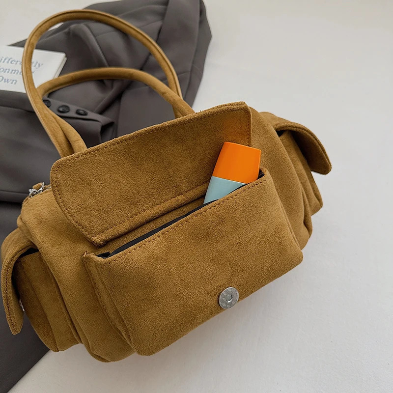 Multipockets Mini Shoulder Bags For Women Faux Suede Pure Color Satchels Bag Autumn Casual Street Small Square Handbag 251029