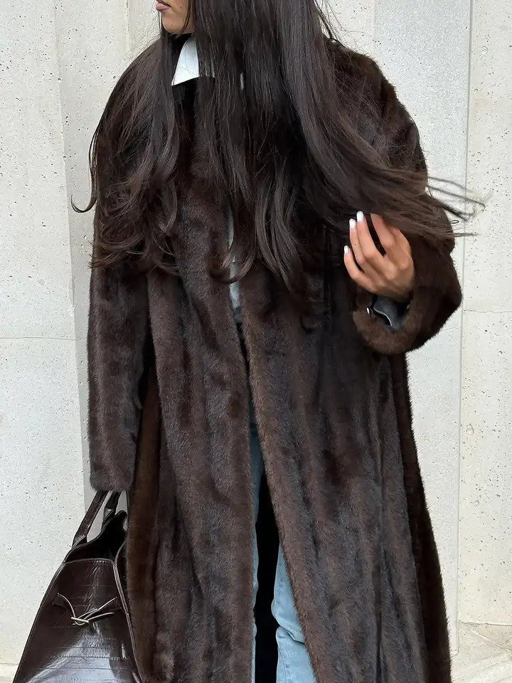 Brown Lace Up Faux Fur Coat Women Fashion Casual Full Sleeve Fluffy Loose Striped Long Coats Lady Winter Daily Street Jacket 251029